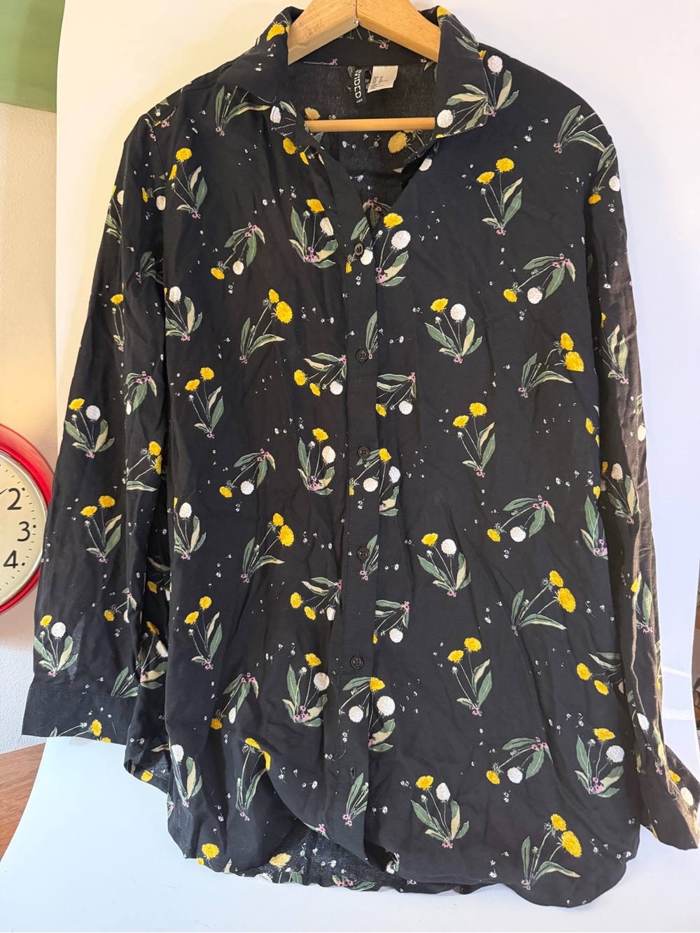 H&M Divided - Black Floral Button-Down Shirt with Yellow & Green Accents size 12